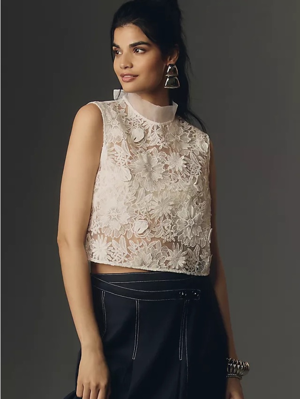 Maeve Anthropologie Sleeveless White Floral Lace Sheer Crop Top Tie-Back Size M
